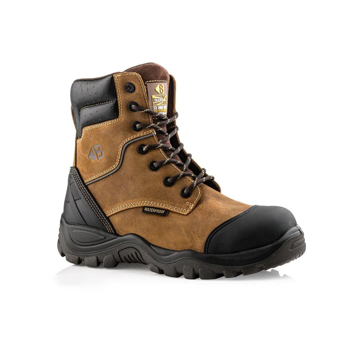 The Buckler - Buckbootz High Leg Style Safety Lace/Zip Boot (BSH008WPNM) by Buckler is displayed against a white background, featuring a single brown and black boot with metal eyelets, reinforced toe cap, and thick rubber sole that exemplifies premium safety footwear.