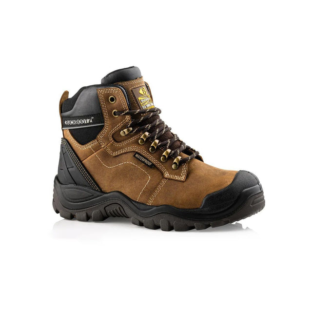 The Buckler - Buckbootz Safety Lace Boot - Bsh009Wpbr, a rugged brown and black safety boot by Buckler, features metal eyelets, thick laces, a protective toecap, and reinforced toe and heel, all displayed on a white background.