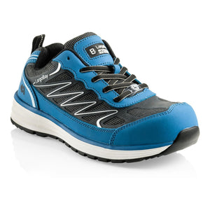 The Buckler - Boots Safety Trainers Blue - Guyz athletic shoe by Buckler features a blue and black design with grey and white accents, a logo on the tongue and side, a slip-resistant rubber sole, a composite toe cap, and a lace-up closure.