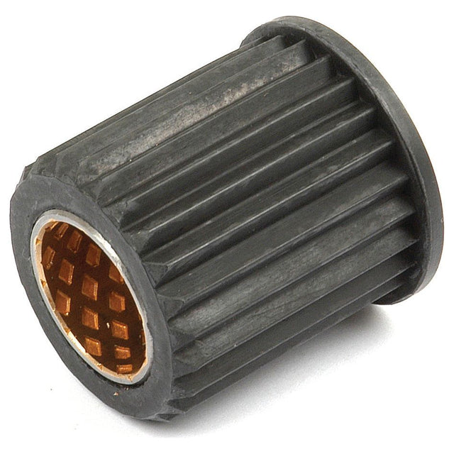 A black cylindrical gear coupling with a grooved exterior and a metallic, mesh-like interior, compatible with the Spindle Bush Sparex Part No. S.65153 for use with the Top Steering Shaft for Ford / New Holland vehicles, Brand Name: Sparex.