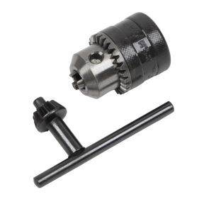 The Chuck & Key - 10mm 3/8"-24UNF - C3838 by Sealey, essential for tightening and loosening the chuck's grip on a drill bit, seamlessly complements cordless power tools.