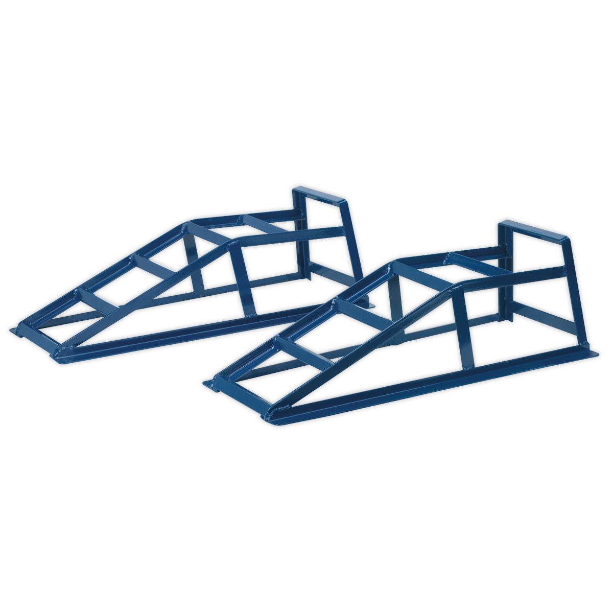 Two blue, corrosion-resistant Sealey Car Ramps (CAR2000), each with a 1-tonne capacity and a combined 2-tonne capacity, are used for elevating a car for maintenance or inspection. These vehicle ramps are designed for easy storage.