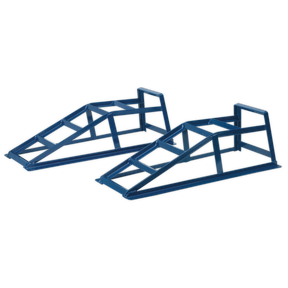 Two blue, corrosion-resistant Sealey Car Ramps (CAR2000), each with a 1-tonne capacity and a combined 2-tonne capacity, are used for elevating a car for maintenance or inspection. These vehicle ramps are designed for easy storage.