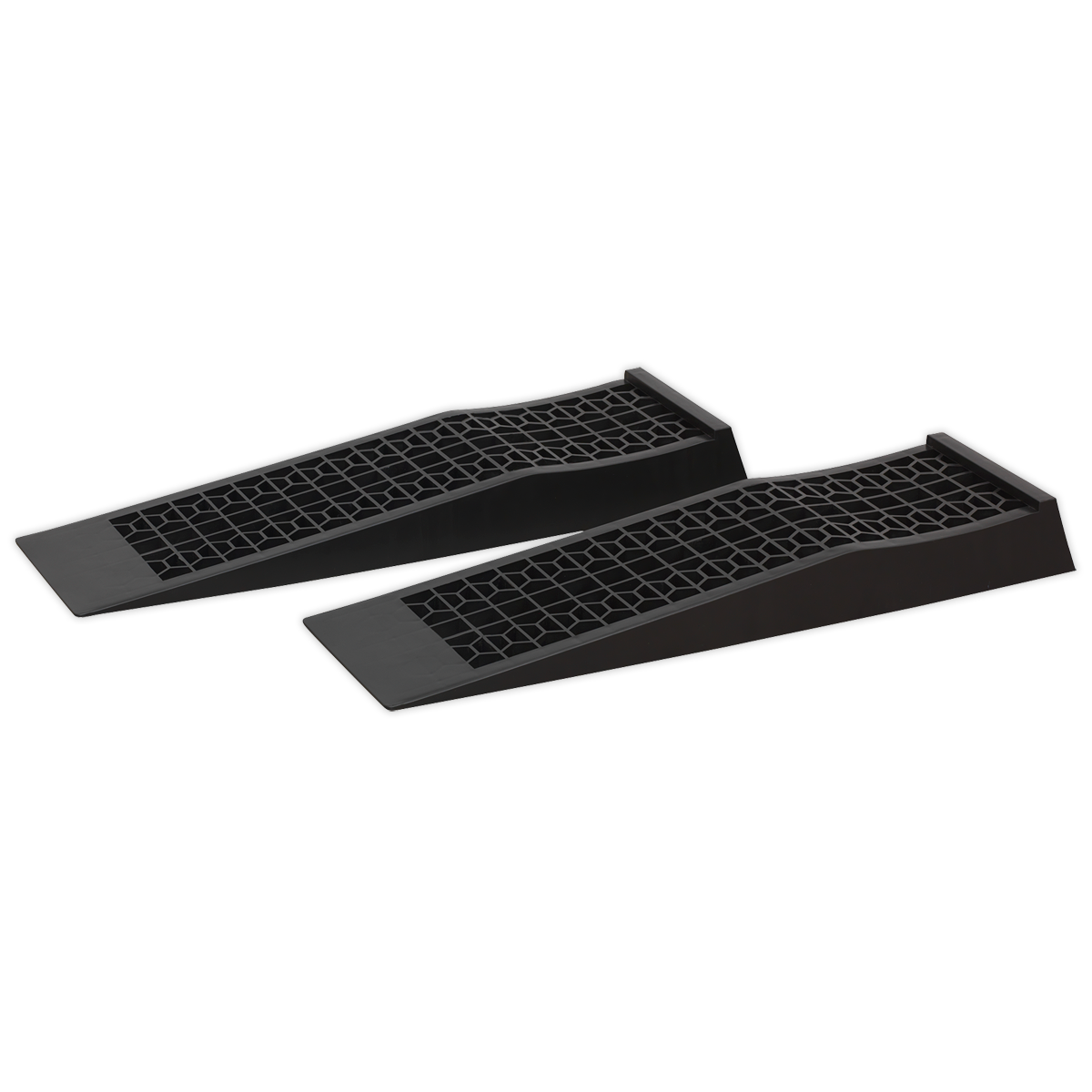 The Sealey Car Ramps Low Profile (CAR3000LR) are a pair of black plastic ramps designed to elevate a vehicle for maintenance purposes. Each ramp has a 1.5-tonne capacity, with the pair totaling a 3-tonne capacity. Made from durable polypropylene, they feature a grid-pattern surface for traction and provide easy jacking access, making them ideal for vehicle servicing.