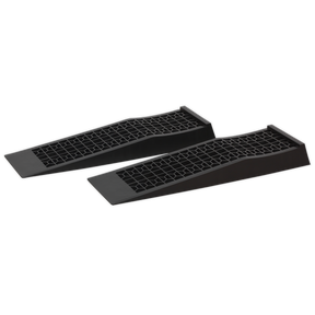 The Sealey Car Ramps Low Profile (CAR3000LR) are a pair of black plastic ramps designed to elevate a vehicle for maintenance purposes. Each ramp has a 1.5-tonne capacity, with the pair totaling a 3-tonne capacity. Made from durable polypropylene, they feature a grid-pattern surface for traction and provide easy jacking access, making them ideal for vehicle servicing.