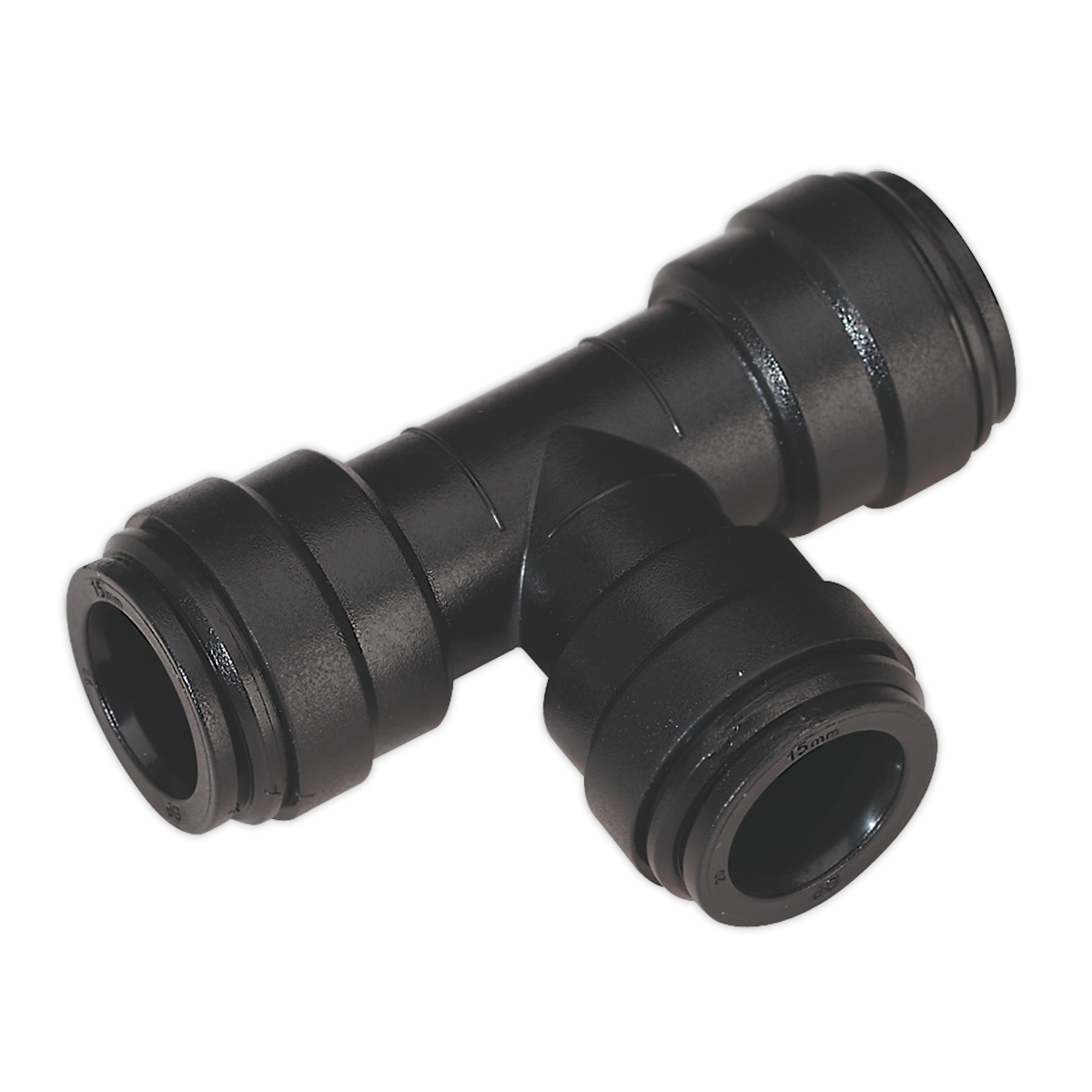 The Sealey Equal Tee Ø15mm Pack of 5 (John Guest Speedfit® - PM0215E), CAS15ET, is a black plastic T-shaped push-to-connect fitting with three openings for connecting pipes or tubes, designed to be part of a high-quality Air Supply Ring Main System.