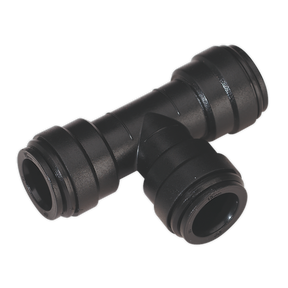 The Sealey Equal Tee Ø15mm Pack of 5 (John Guest Speedfit® - PM0215E), CAS15ET, is a black plastic T-shaped push-to-connect fitting with three openings for connecting pipes or tubes, designed to be part of a high-quality Air Supply Ring Main System.