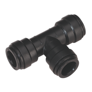 The Sealey Equal Tee Ø15mm Pack of 5 (John Guest Speedfit® - PM0215E), CAS15ET, is a black plastic T-shaped push-to-connect fitting with three openings for connecting pipes or tubes, designed to be part of a high-quality Air Supply Ring Main System.