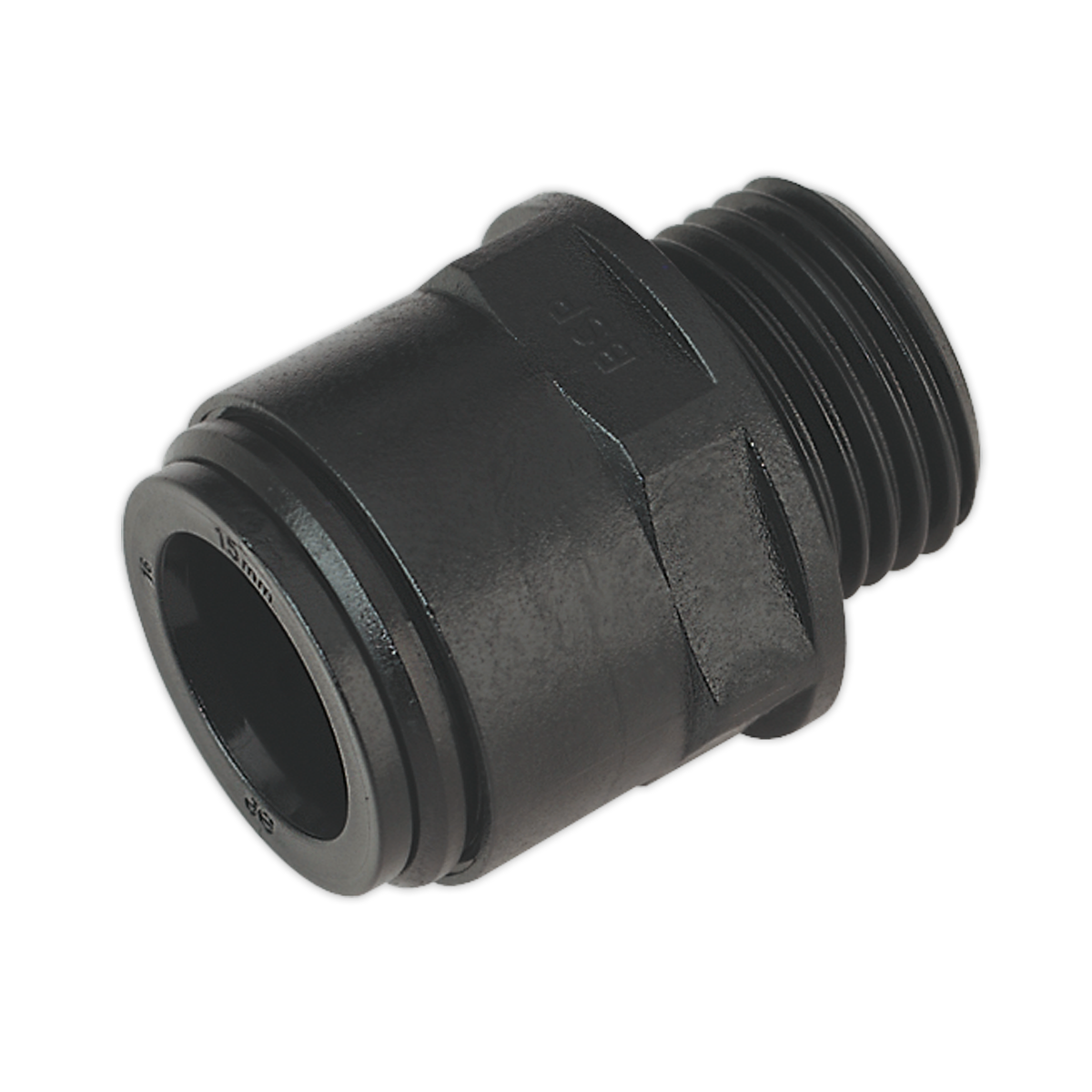 A Sealey black plastic threaded Straight Adaptor 15mm 1/2"BSP (CAS15SA) with a hexagonal base and cylindrical body for securing electrical cables, compatible with John Guest Speedfit® connections.