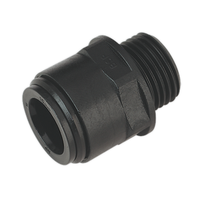 A Sealey black plastic threaded Straight Adaptor 15mm 1/2"BSP (CAS15SA) with a hexagonal base and cylindrical body for securing electrical cables, compatible with John Guest Speedfit® connections.