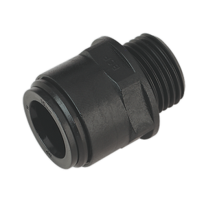 A Sealey black plastic threaded Straight Adaptor 15mm 1/2"BSP (CAS15SA) with a hexagonal base and cylindrical body for securing electrical cables, compatible with John Guest Speedfit® connections.