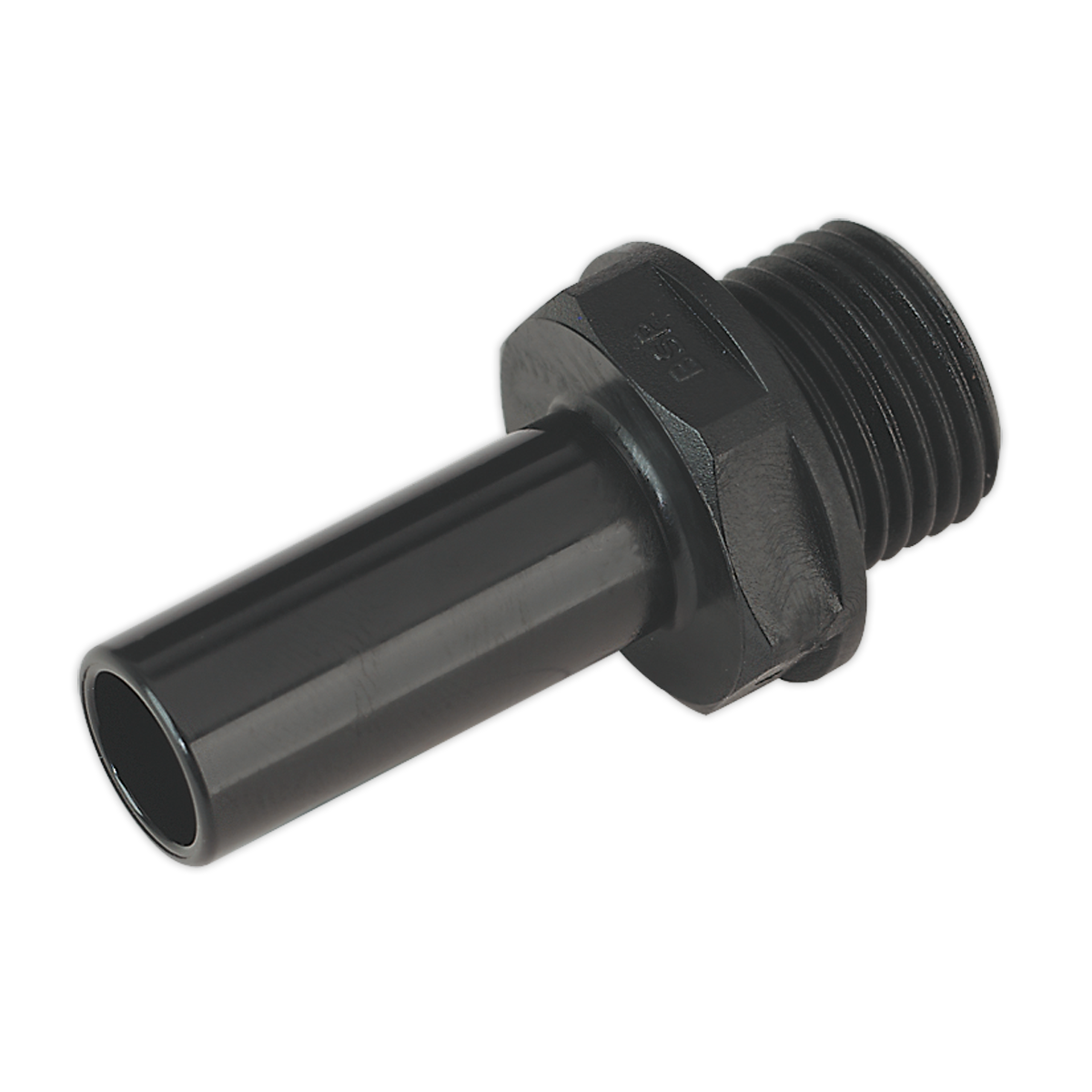 Introducing the Sealey Stem Adaptor 15mm 1/2"BSP Pack of 2 (John Guest Speedfit® - PM051514E) - CAS15STA, a black plastic male threaded hose barb fitting with a hexagonal nut, perfect for coupling to male thread connections in an Air Supply Ring Main System.