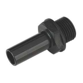 Introducing the Sealey Stem Adaptor 15mm 1/2"BSP Pack of 2 (John Guest Speedfit® - PM051514E) - CAS15STA, a black plastic male threaded hose barb fitting with a hexagonal nut, perfect for coupling to male thread connections in an Air Supply Ring Main System.