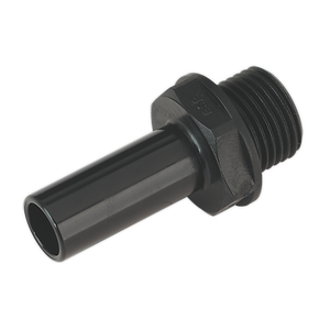 Introducing the Sealey Stem Adaptor 15mm 1/2"BSP Pack of 2 (John Guest Speedfit® - PM051514E) - CAS15STA, a black plastic male threaded hose barb fitting with a hexagonal nut, perfect for coupling to male thread connections in an Air Supply Ring Main System.