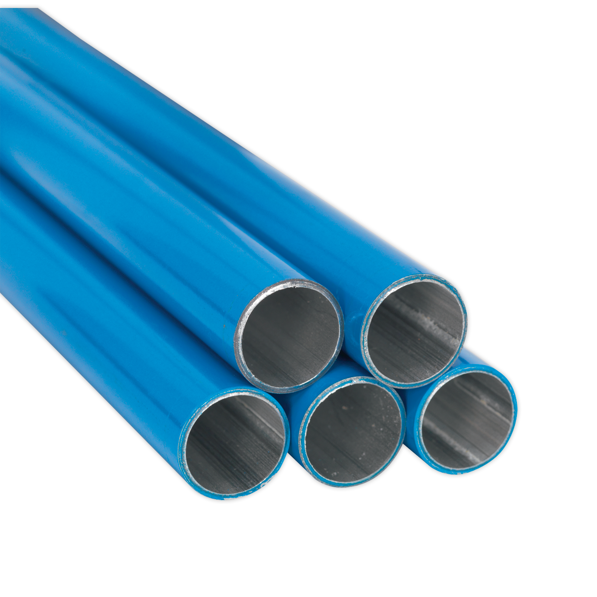 Five Sealey Aluminium Air Pipes, each measuring Ø22mm x 3m (John Guest Speedfit® - AL-RM220-3M-20B), stacked together with their hollow ends facing forward.