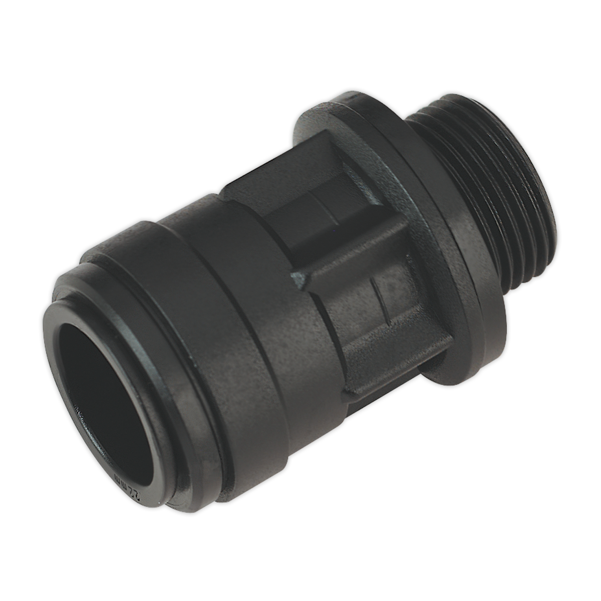 The Sealey Straight Adaptor 22mm 3/4"BSP Pack of 2 (John Guest Speedfit® - PM012216E) - CAS22SA is a black plastic threaded pipe fitting with a cylindrical shape and grooved exterior, designed for connecting pipe ends to male threads in an Air Supply Ring Main System or John Guest Speedfit system.