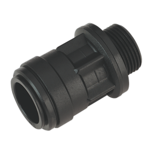 The Sealey Straight Adaptor 22mm 3/4"BSP Pack of 2 (John Guest Speedfit® - PM012216E) - CAS22SA is a black plastic threaded pipe fitting with a cylindrical shape and grooved exterior, designed for connecting pipe ends to male threads in an Air Supply Ring Main System or John Guest Speedfit system.