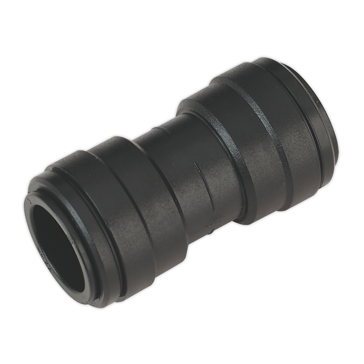 A Sealey Straight Connector Ø22mm (John Guest Speedfit® - PM0422E) from the CAS22SC pack of 5, featuring a black cylindrical design with grooves on both ends, is intended for joining two tubular components in an Air Supply Ring Main System.