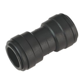 A Sealey Straight Connector Ø22mm (John Guest Speedfit® - PM0422E) from the CAS22SC pack of 5, featuring a black cylindrical design with grooves on both ends, is intended for joining two tubular components in an Air Supply Ring Main System.
