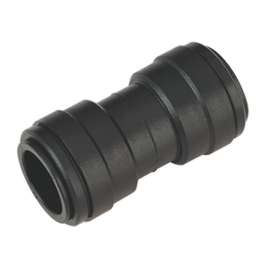 A Sealey Straight Connector Ø22mm (John Guest Speedfit® - PM0422E) from the CAS22SC pack of 5, featuring a black cylindrical design with grooves on both ends, is intended for joining two tubular components in an Air Supply Ring Main System.