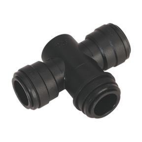 The Sealey Equal Water Trap Tee 22mm (John Guest Speedfit® - PMTT22E) - CAS22WTT, a high-quality black plastic push-to-connect pipe fitting with three T-shaped openings, is commonly used in the Air Supply Ring Main System.