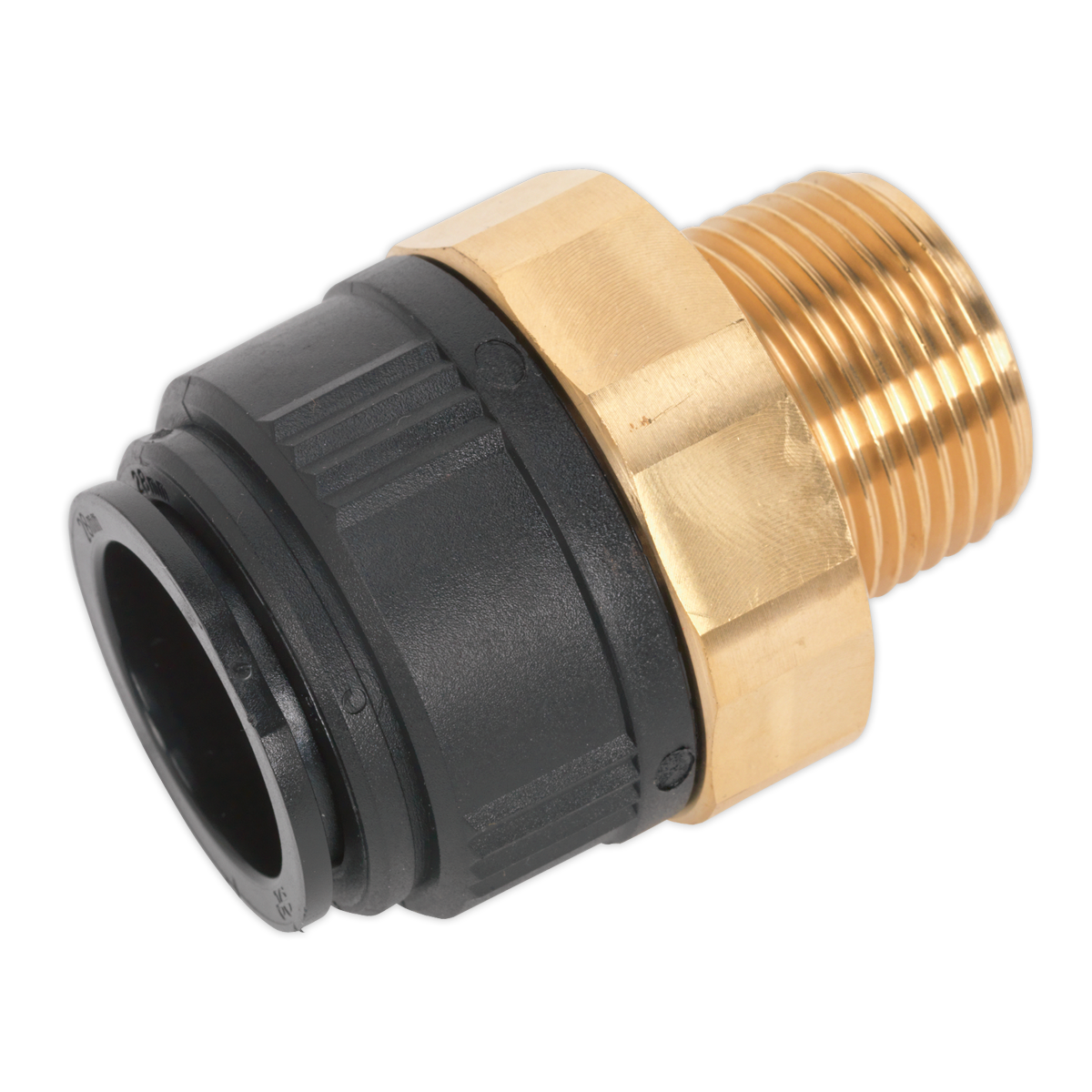 Close-up of the Sealey Straight Adaptor 28mm x 1"BSPT Brass (John Guest Speedfit® - MM012808N) - CAS28BSA, featuring a brass and black plastic construction with a threaded end, ideal for use in an Air Supply Ring Main System.