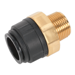 Close-up of the Sealey Straight Adaptor 28mm x 1"BSPT Brass (John Guest Speedfit® - MM012808N) - CAS28BSA, featuring a brass and black plastic construction with a threaded end, ideal for use in an Air Supply Ring Main System.