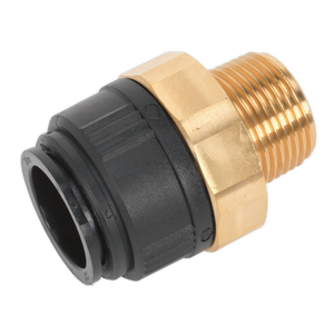 Close-up of the Sealey Straight Adaptor 28mm x 1"BSPT Brass (John Guest Speedfit® - MM012808N) - CAS28BSA, featuring a brass and black plastic construction with a threaded end, ideal for use in an Air Supply Ring Main System.