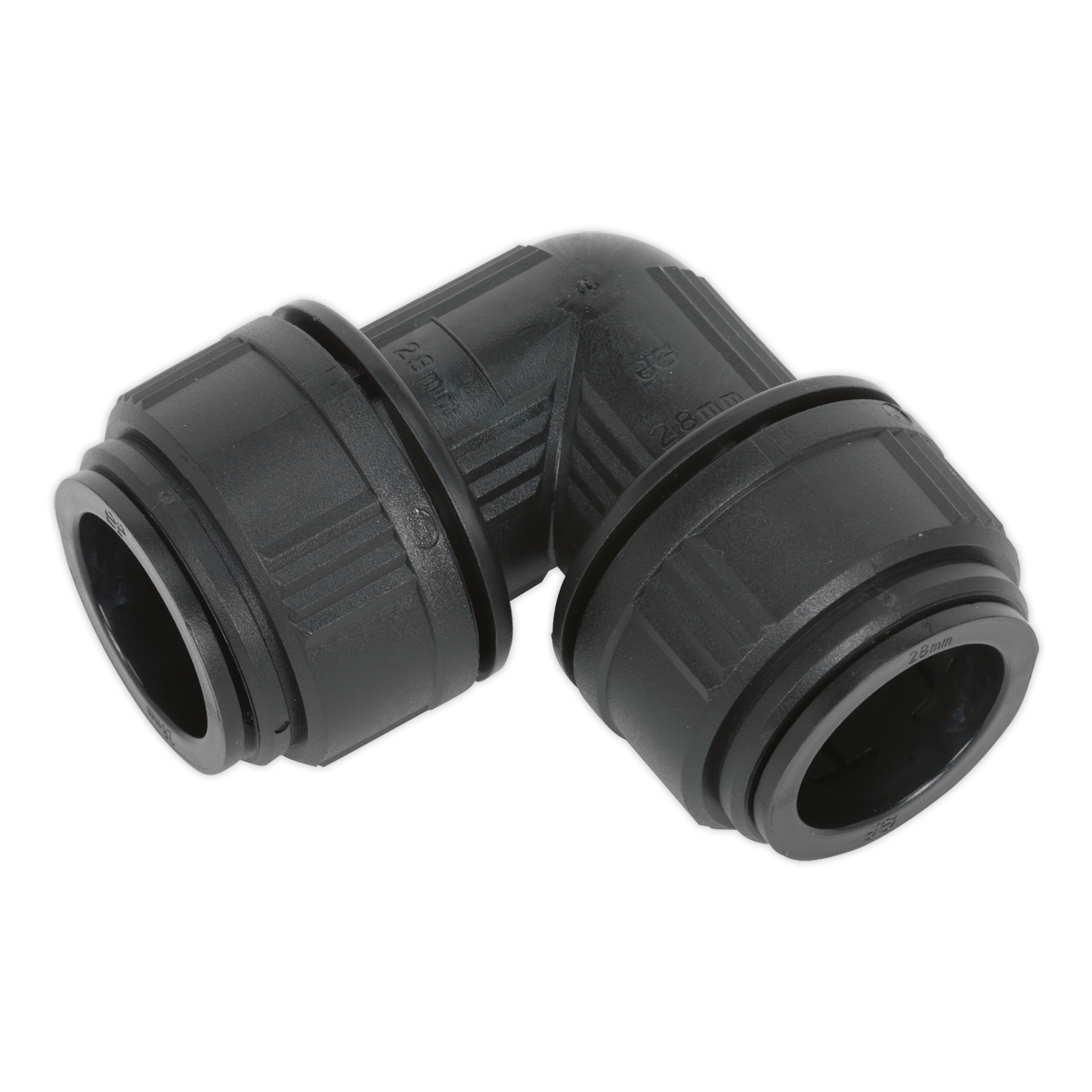 An Equal Elbow Ø28mm pipe fitting made from black plastic, featuring a 90-degree angle with ribbed edges and cylindrical ends, designed for plumbing connections. This product, Sealey's CAS28EE (John Guest Speedfit® - PM0328E), is perfect for integration into an Air Supply Ring Main System or use with John Guest Speedfit components.