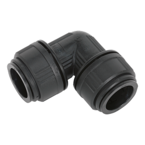 An Equal Elbow Ø28mm pipe fitting made from black plastic, featuring a 90-degree angle with ribbed edges and cylindrical ends, designed for plumbing connections. This product, Sealey's CAS28EE (John Guest Speedfit® - PM0328E), is perfect for integration into an Air Supply Ring Main System or use with John Guest Speedfit components.