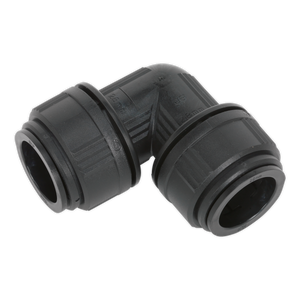 An Equal Elbow Ø28mm pipe fitting made from black plastic, featuring a 90-degree angle with ribbed edges and cylindrical ends, designed for plumbing connections. This product, Sealey's CAS28EE (John Guest Speedfit® - PM0328E), is perfect for integration into an Air Supply Ring Main System or use with John Guest Speedfit components.