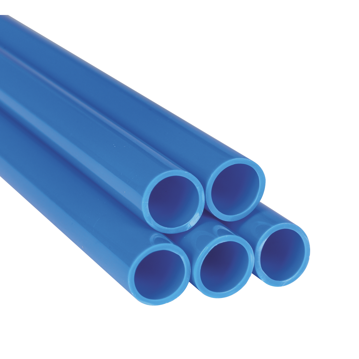 Five blue Sealey Rigid Nylon Pipes (28mm x 3m), part of the John Guest Speedfit® PARM28233M10B pack, are stacked together—three on top and two beneath—against a plain white background.