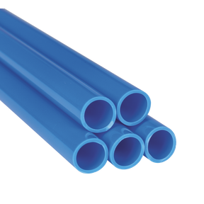 Five blue Sealey Rigid Nylon Pipes (28mm x 3m), part of the John Guest Speedfit® PARM28233M10B pack, are stacked together—three on top and two beneath—against a plain white background.