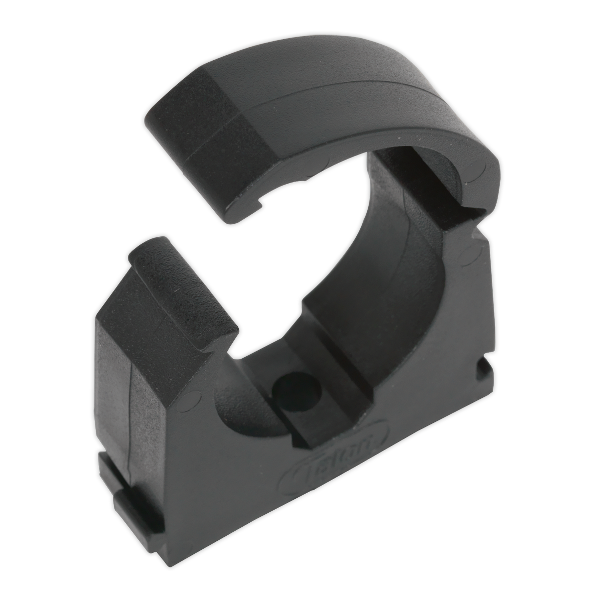 The Sealey Pipe Clip 28mm Pack of 20 (John Guest Speedfit® - PC28E) - CAS28PC is a black plastic clip with a curved top, designed for holding or securing cylindrical objects, making it ideal for integration into an Air Supply Ring Main System.