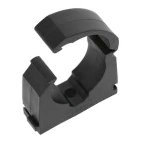 The Sealey Pipe Clip 28mm Pack of 20 (John Guest Speedfit® - PC28E) - CAS28PC is a black plastic clip with a curved top, designed for holding or securing cylindrical objects, making it ideal for integration into an Air Supply Ring Main System.