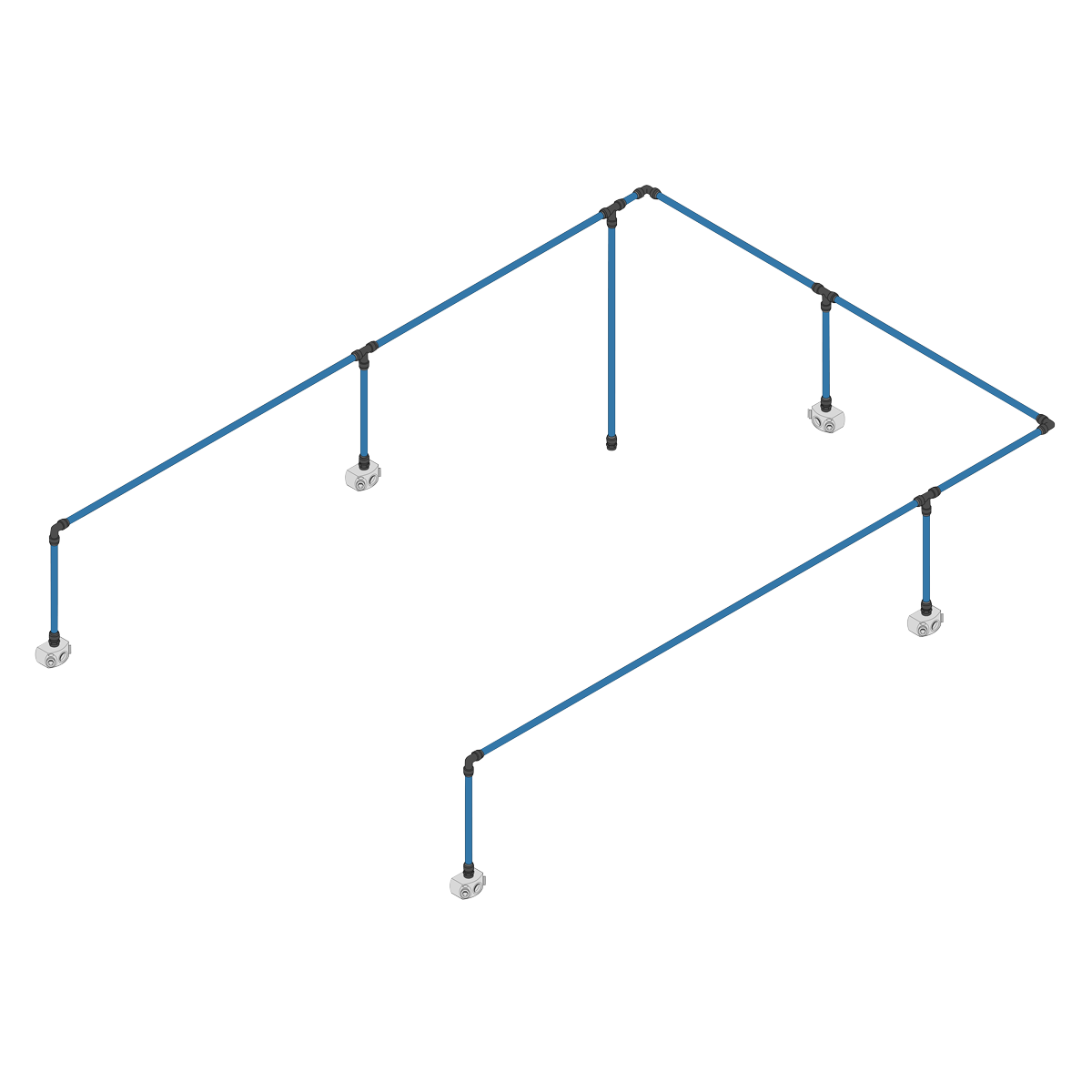 An isometric illustration featuring Sealey's Speedfit® 36m 5-Drop Air Supply System Kit - CASKIT5, showcasing a blue pipe network with multiple joints and supports. This system includes rigid nylon pipes with equal elbows and straight adaptors, arranged in a rectangular shape with four vertical pipes.