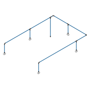 An isometric illustration featuring Sealey's Speedfit® 36m 5-Drop Air Supply System Kit - CASKIT5, showcasing a blue pipe network with multiple joints and supports. This system includes rigid nylon pipes with equal elbows and straight adaptors, arranged in a rectangular shape with four vertical pipes.