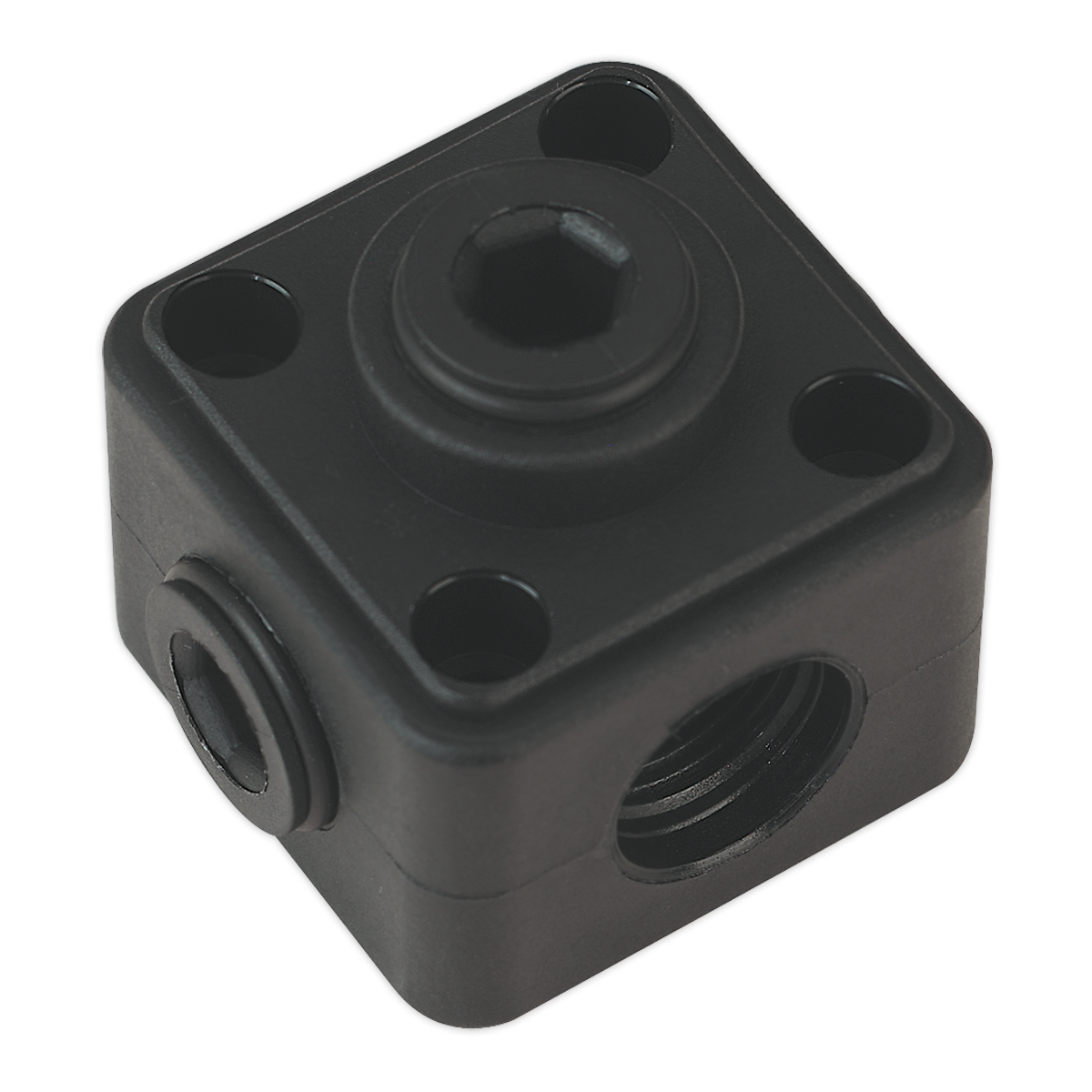 The Porting Block 5 x 1/2"BSP Connection (John Guest Speedfit® - JG-L-WSK) by Sealey is a black cube-shaped mechanical component featuring four round mounting holes and a central hexagonal socket, ideal for integration into an Air Supply Ring Main System.