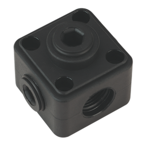 The Porting Block 5 x 1/2"BSP Connection (John Guest Speedfit® - JG-L-WSK) by Sealey is a black cube-shaped mechanical component featuring four round mounting holes and a central hexagonal socket, ideal for integration into an Air Supply Ring Main System.