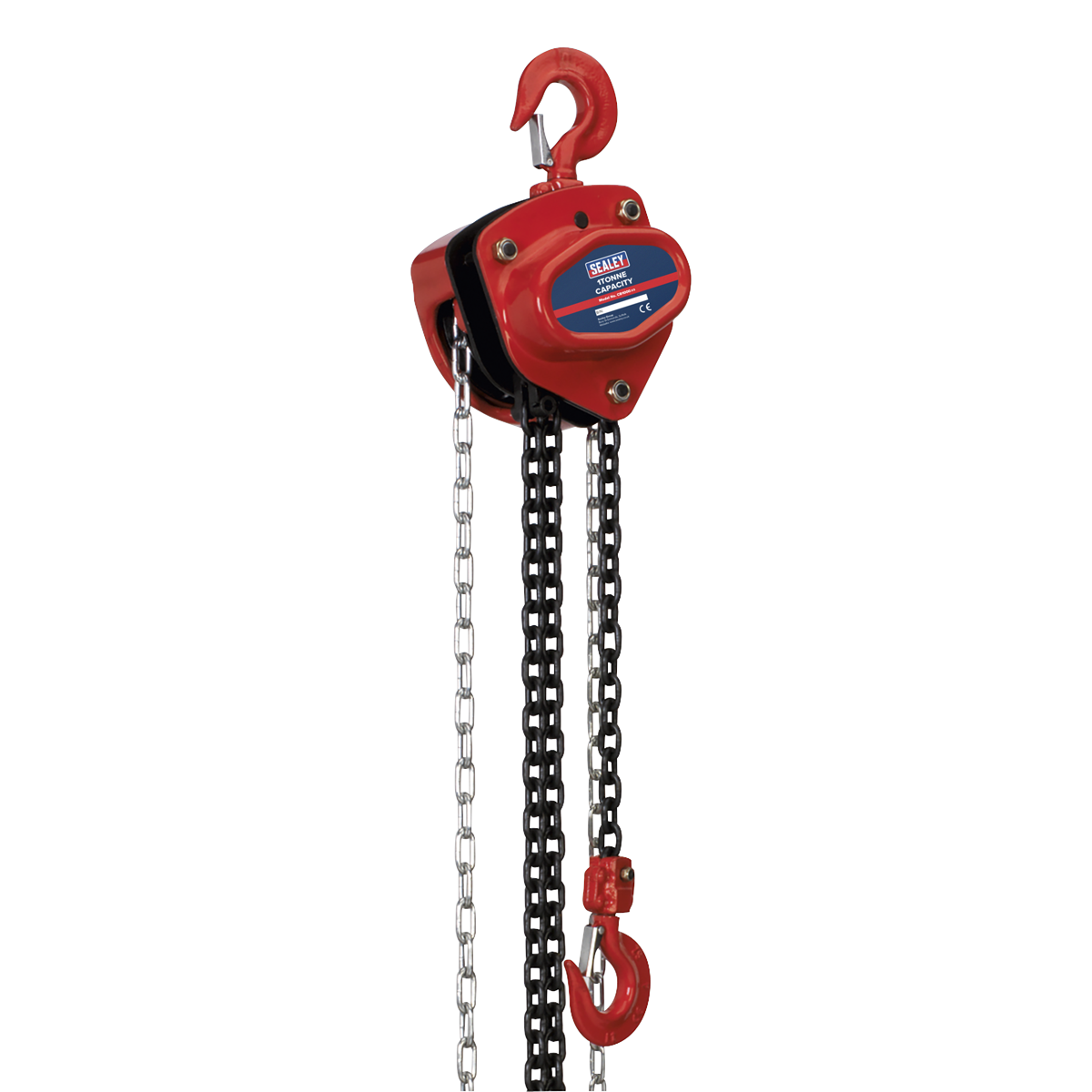 The Sealey Chain Block 1 Tonne 2.5m - CB1000 is a red manual chain hoist with a heavy-duty hook, black lifting chain, and a segmented pull chain, designed for lifting heavy objects. It features a mechanical load brake and components made from heat-treated hardened alloy material for enhanced durability and performance.