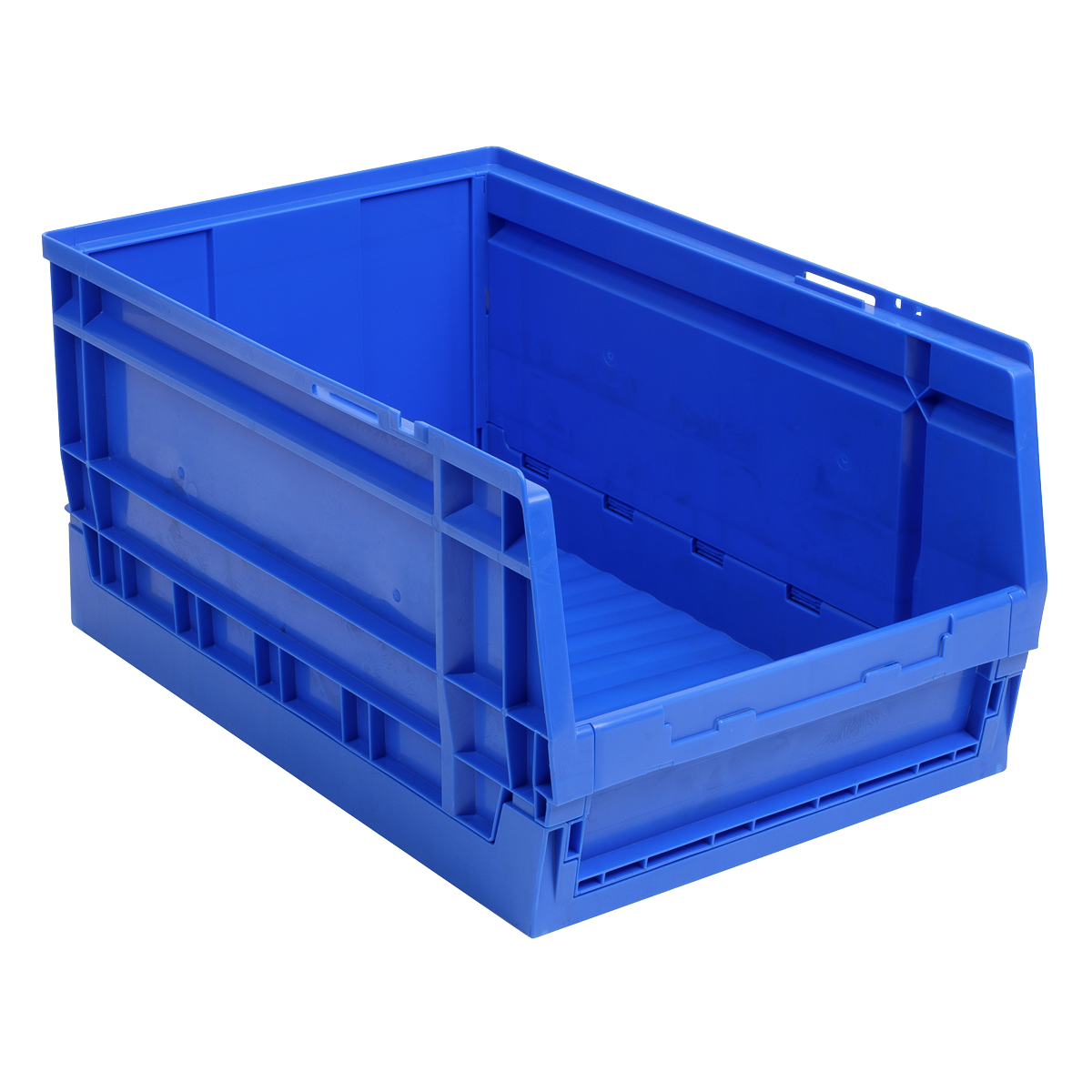 Introducing the Sealey Collapsible Storage Bin 15L - CB15L, a versatile blue plastic storage container with an open front for easy access. It's also designed to be stackable, making it ideal for convenient organization.