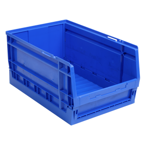 Introducing the Sealey Collapsible Storage Bin 15L - CB15L, a versatile blue plastic storage container with an open front for easy access. It's also designed to be stackable, making it ideal for convenient organization.