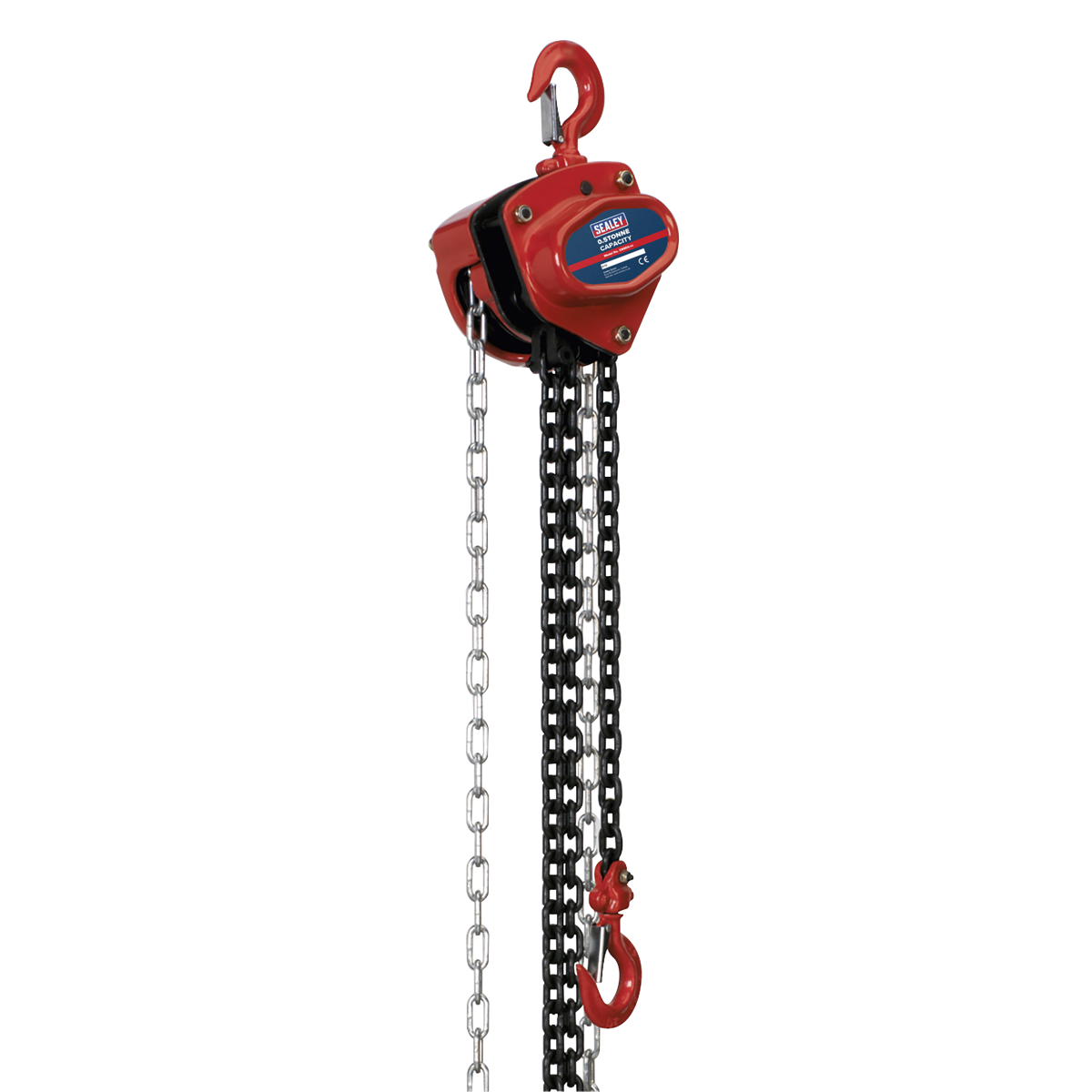 The Sealey Chain Block 0.5 tonne 2.5m - CB500 is a red manual chain hoist featuring a metal chain and two hooks, with one hook attached at the top and another at the bottom, used for lifting and lowering heavy loads. It is equipped with a mechanical load brake for enhanced safety and durability.