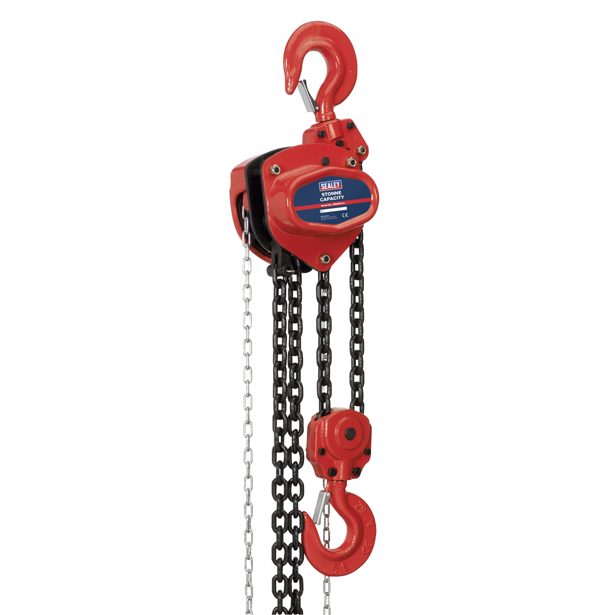 The Sealey Chain Block 5 Tonne 3m - CB5000 is a red manual chain hoist featuring two hooks, one at the top and one at the bottom, connected by heavy-duty black chains. Made from hardened alloy material, it includes a mechanical load brake for enhanced safety and control.