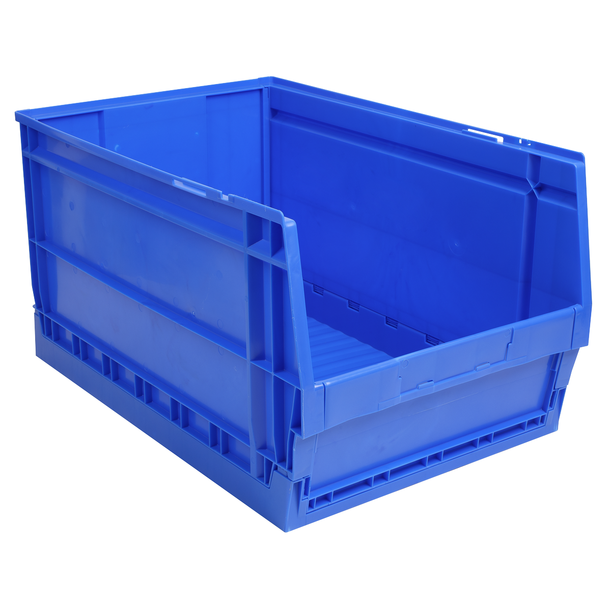 The Sealey Collapsible Storage Bin 55L - CB55L is a multifunctional large blue plastic container with an open front and reinforced edges.