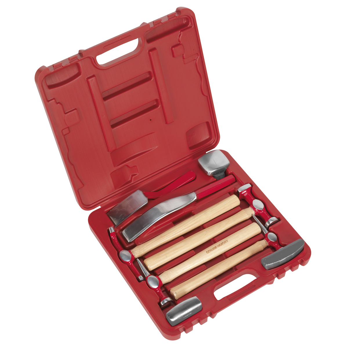 The Sealey Panel Beating Set 9pc - CB58 is a red plastic storage case that includes a set of hickory-handled hammers and metalworking tools, featuring drop-forged steel dollies.