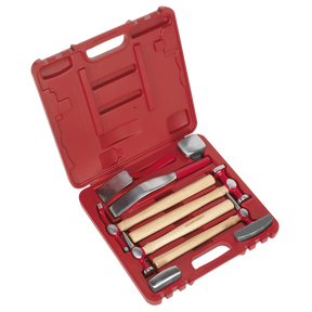 The Sealey Panel Beating Set 9pc - CB58 is a red plastic storage case that includes a set of hickory-handled hammers and metalworking tools, featuring drop-forged steel dollies.