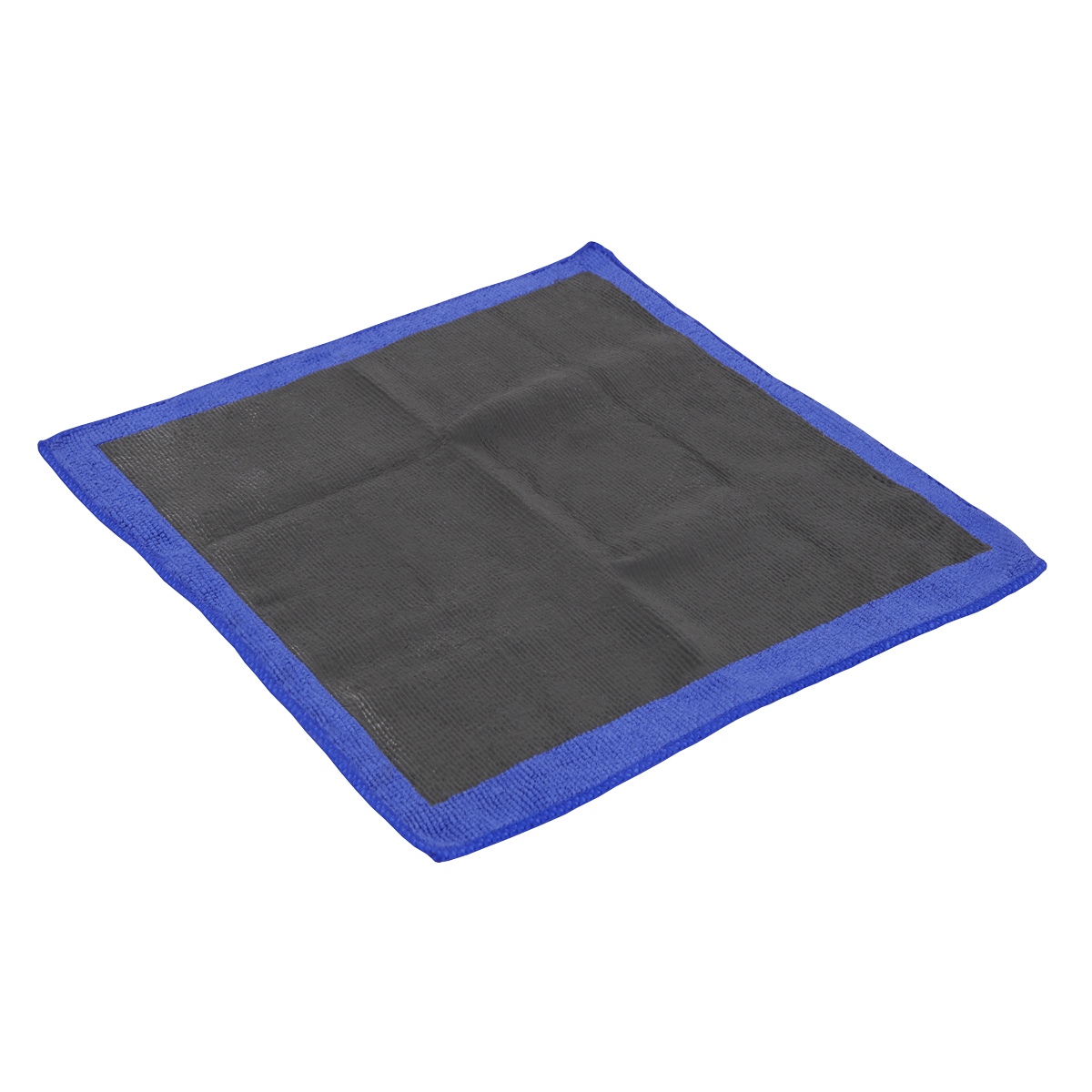 The Sealey Microfibre Clay Bar Cloth - CBC01, a square black clay-backed microfibre cloth with a blue border, is perfect when laid flat for removing surface contaminants as an alternative to traditional clay bar detailing.