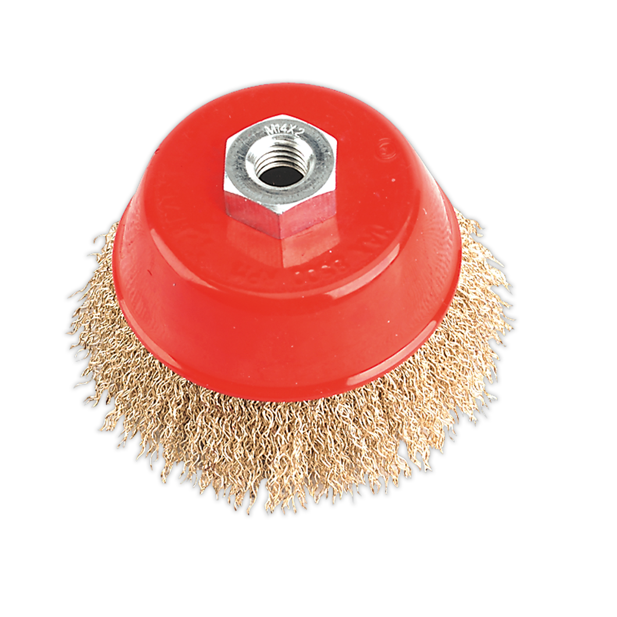 The Sealey Brassed Steel Cup Brush Ø100mm M14 x 2mm - CBC100 is a red, cup-shaped wire brush with crimped brassed steel filaments, designed for cleaning or polishing surfaces and featuring a central hexagonal nut for attachment to power tools.