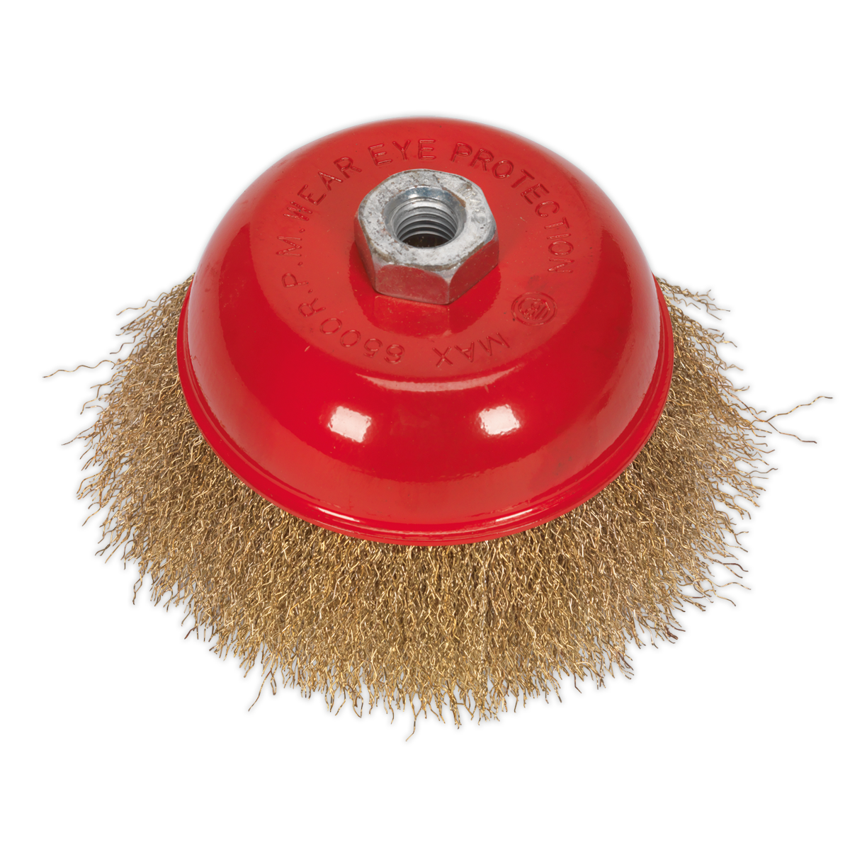 The Sealey Brassed Steel Cup Brush Ø125mm M14 x 2mm - CBC125 features brassed steel filaments and a central hexagonal nut for attachment, making it perfect for enhancing your power tools' cleaning power.